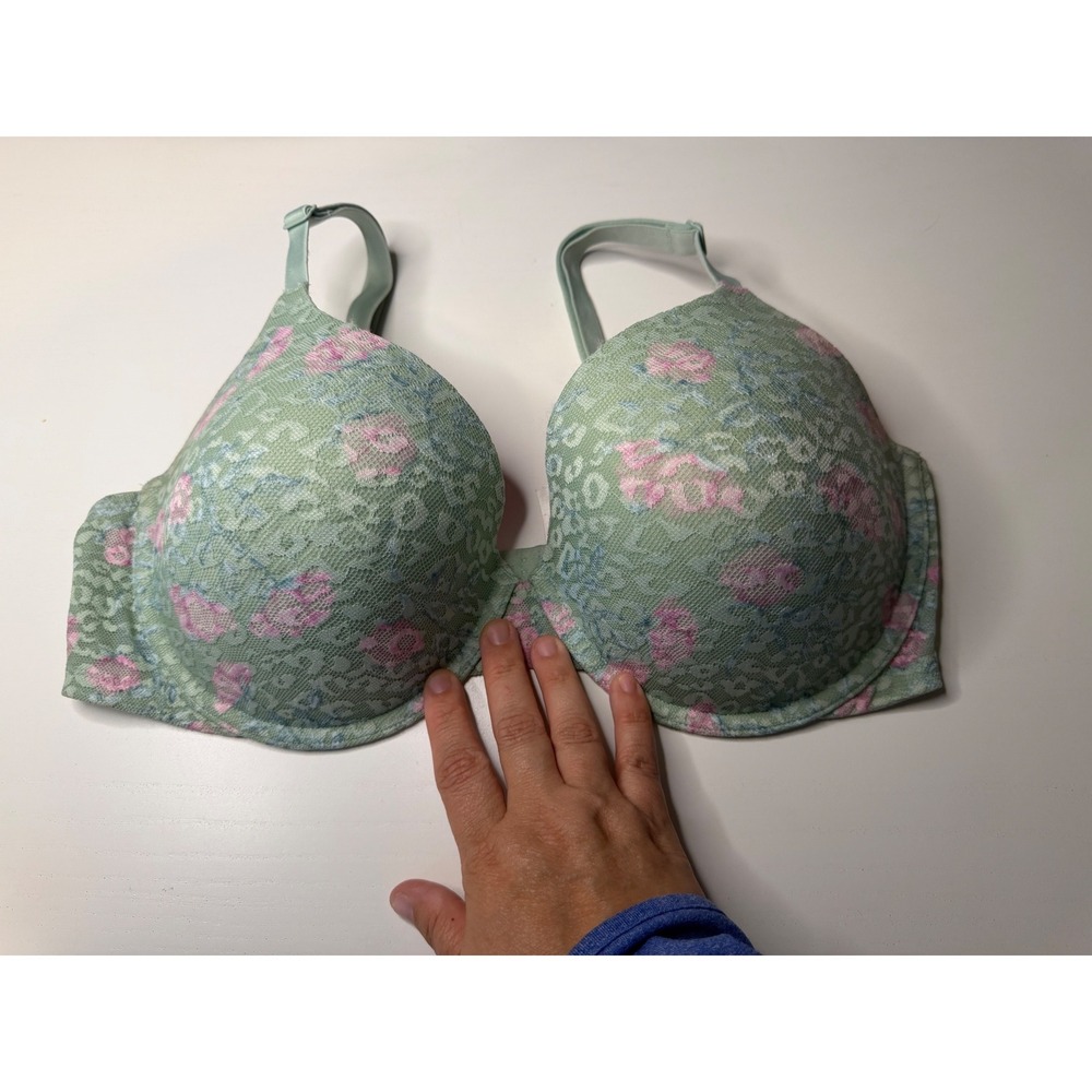 Victoria's Secret PINK Wear Everywhere T-Shirt Bra 36DD Green Floral Lace Wired